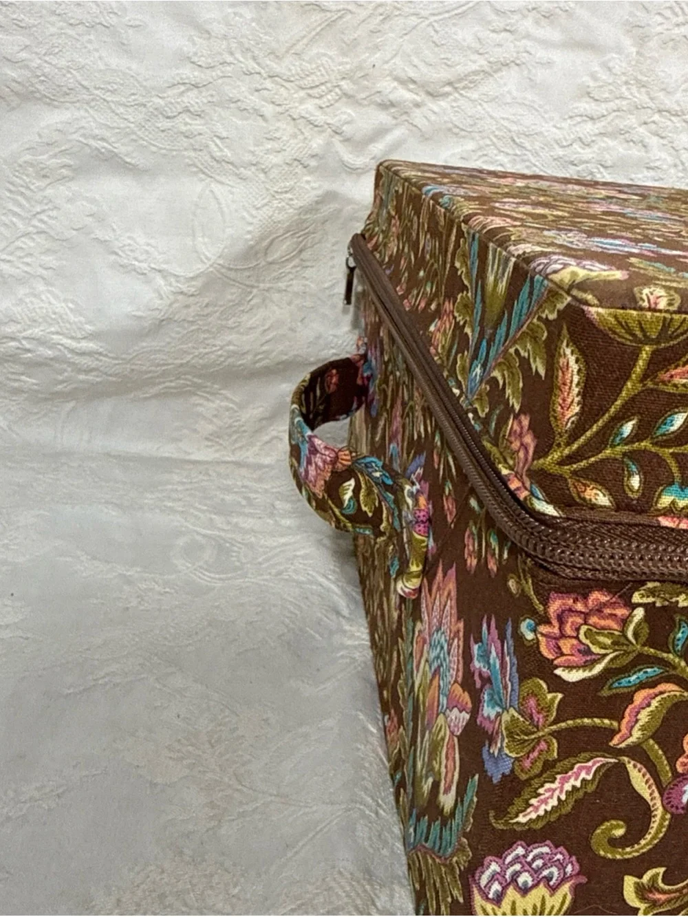 Vintage Raymond Waites Storage Box Paisley & Floral Fabric Zip Close 16” x 12”